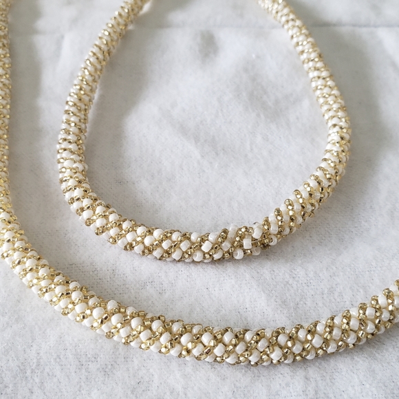 Hand Crafted Jewelry White, Gold, Clear Seed Beads Statement Necklace & Earrings - Picture 4 of 17
